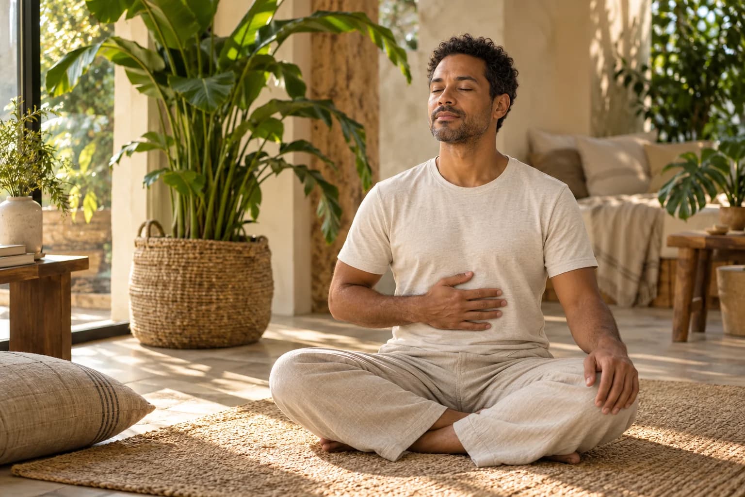 A man taking a quiet moment to breathe in a warm, plant-filled room
