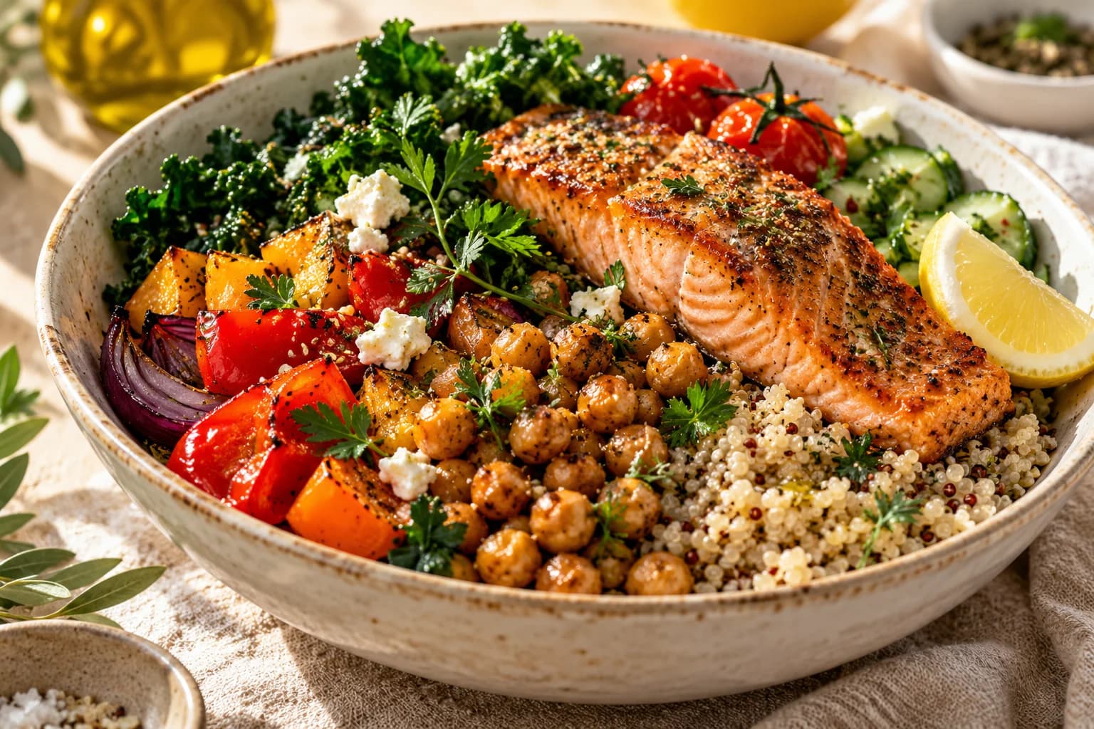 A colourful Mediterranean bowl with salmon, greens, grains and roasted vegetables