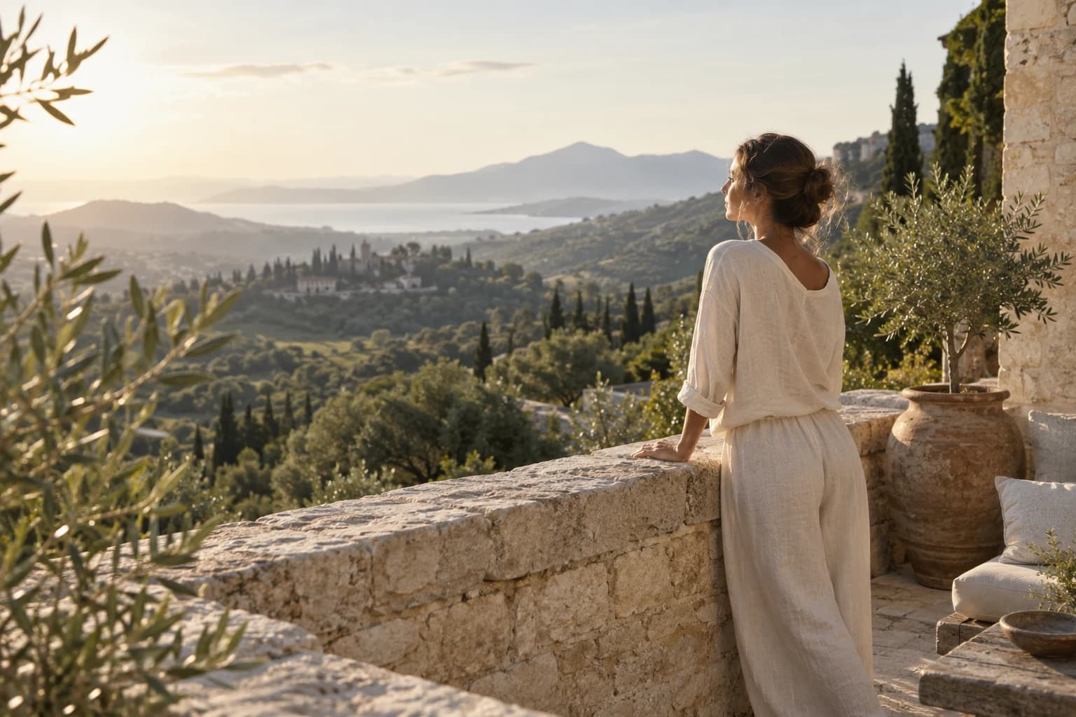 Morning light across a quiet Mediterranean terrace and hills